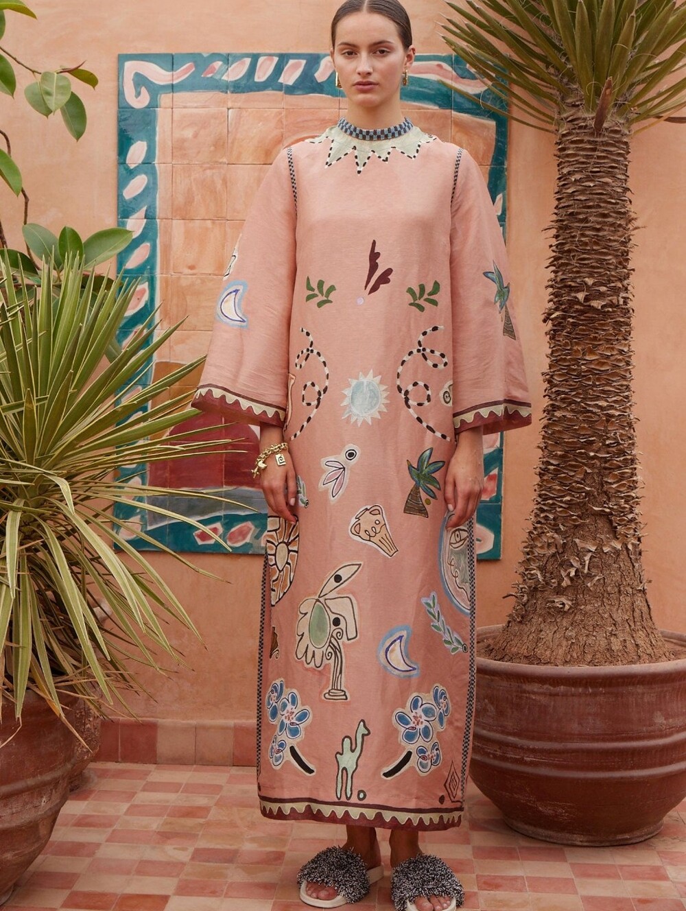 New Alemais Laurence Linen Silk Midi Dress Size 8US/12AUS Beaded with Tie Belt